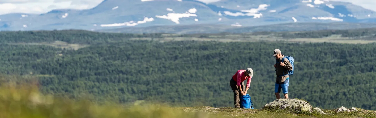 Två personer vandrar i fjällen