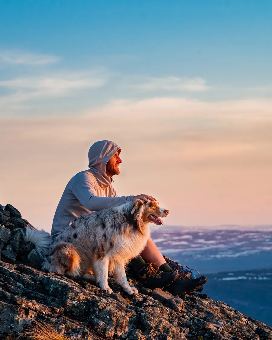 Man och hund är ute och fjällvandrar
