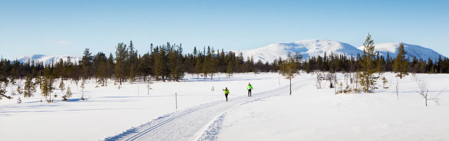 Två personer åker längdskidor på fjället